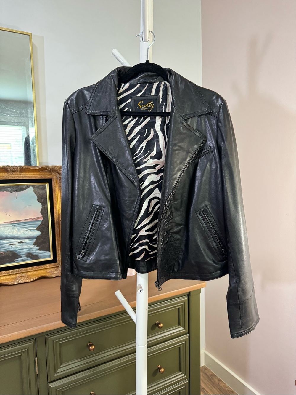 Scully Women's Black Leather Jacket with Zebra Lining, floral embellishment